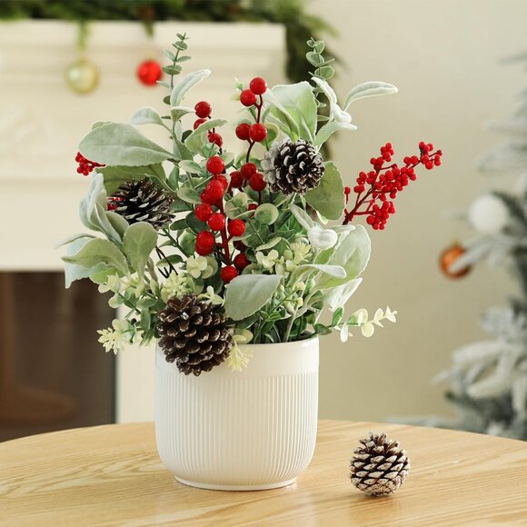 Artificial Plants Tabletop Christmas Decorations Fake Plants in Ceramic Decor - Picture 5 of 7